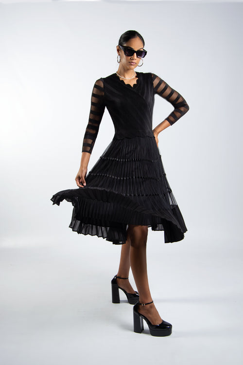 Long Sleeve Pleated Tulle Dress