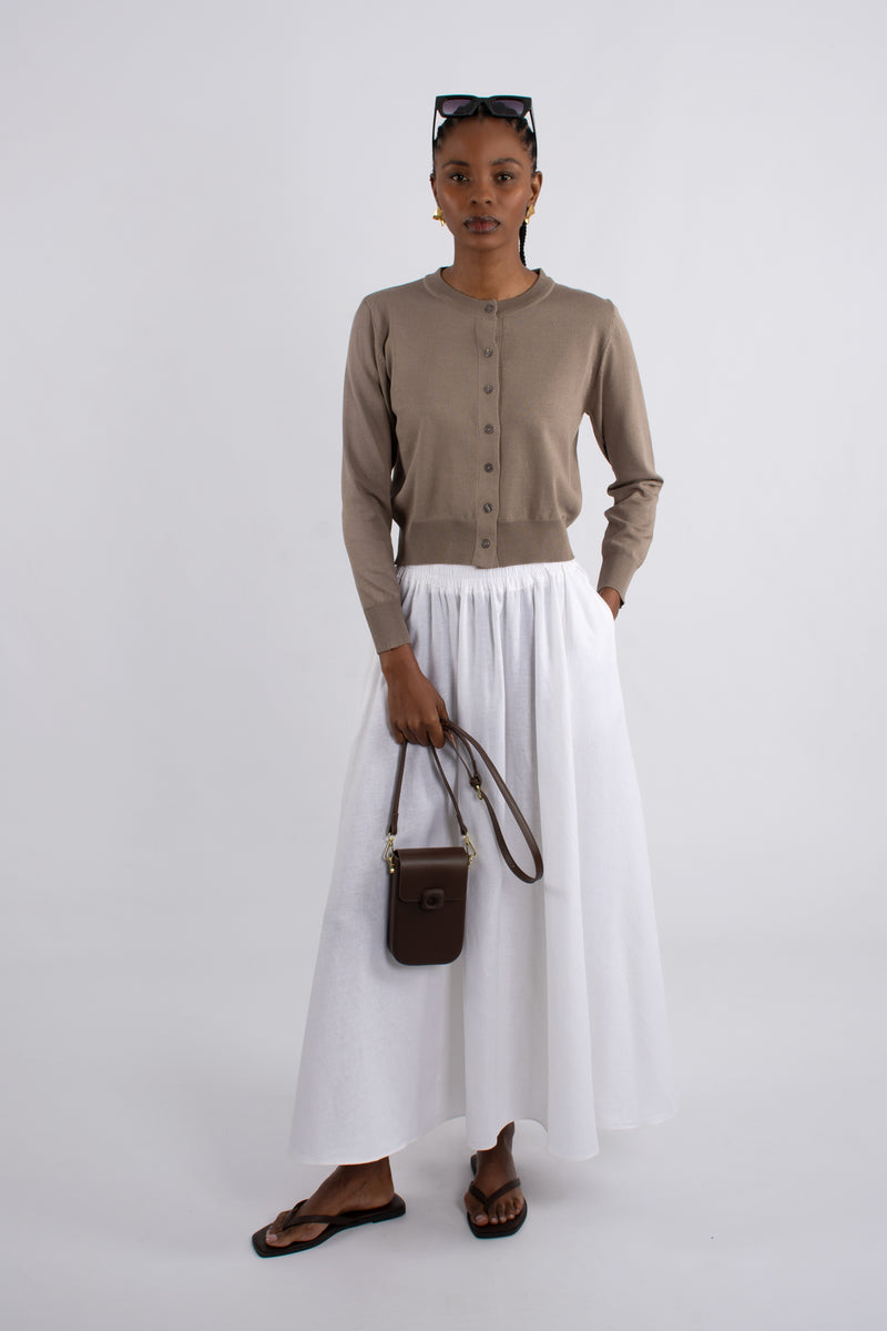Crew Neck Plain Knit Cardigan - Mink