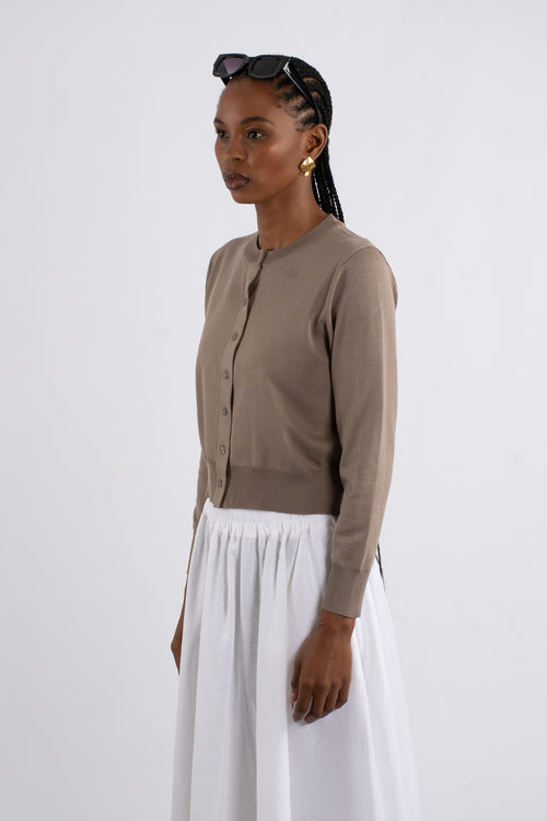 Crew Neck Plain Knit Cardigan - Mink