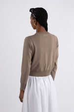 Crew Neck Plain Knit Cardigan - Mink