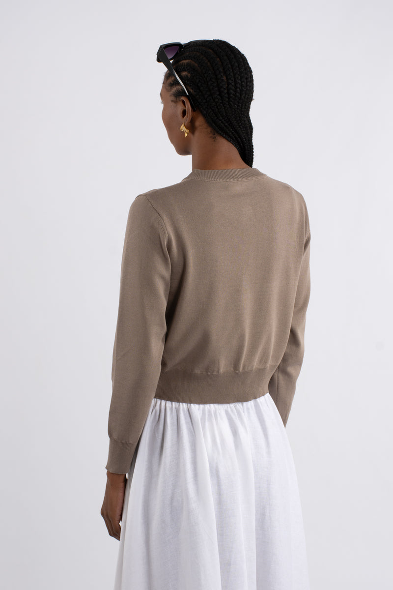 Crew Neck Plain Knit Cardigan - Mink