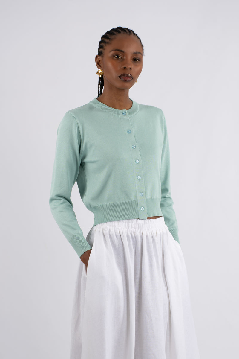 Crew Neck Plain Knit Cardigan - Mint