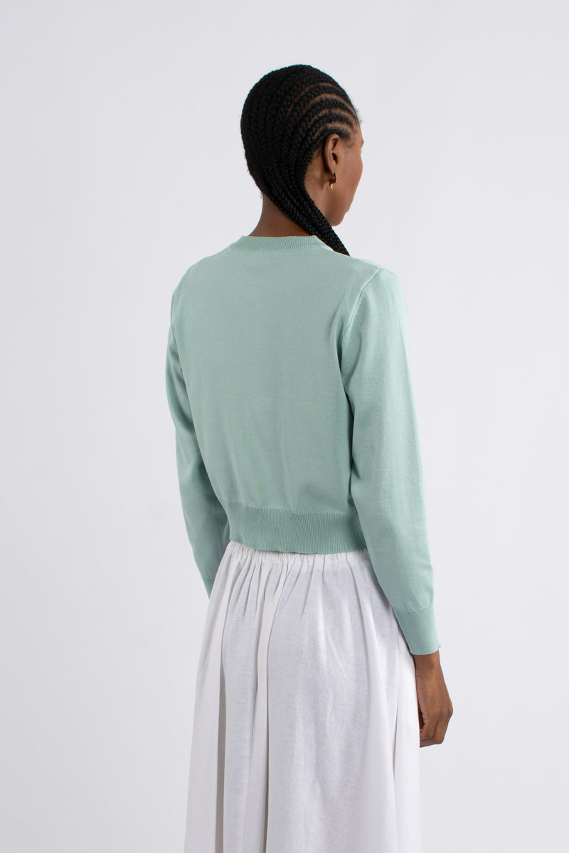 Crew Neck Plain Knit Cardigan - Mint