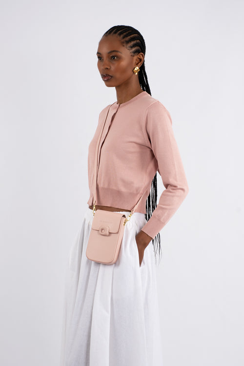 Crew Neck Plain Knit Cardigan - Pink