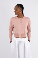 Crew Neck Plain Knit Cardigan - Pink