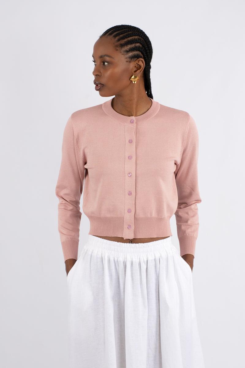 Crew Neck Plain Knit Cardigan - Pink