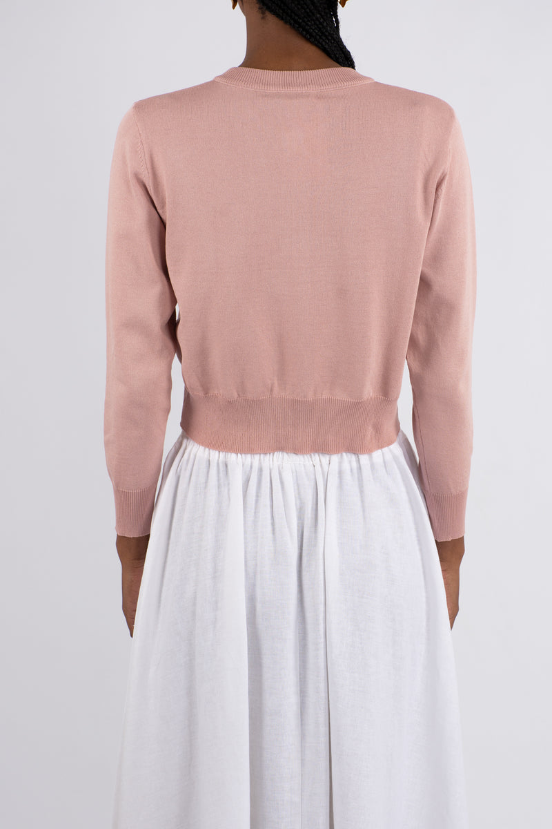 Crew Neck Plain Knit Cardigan - Pink