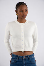 Crew Neck Plain Knit Cardigan - White