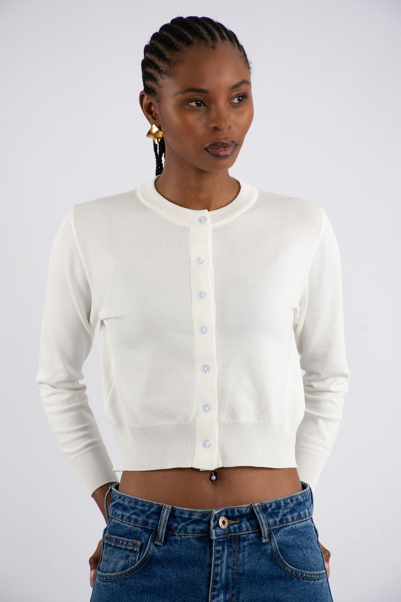 Crew Neck Plain Knit Cardigan - White