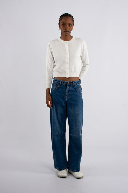 Crew Neck Plain Knit Cardigan - White