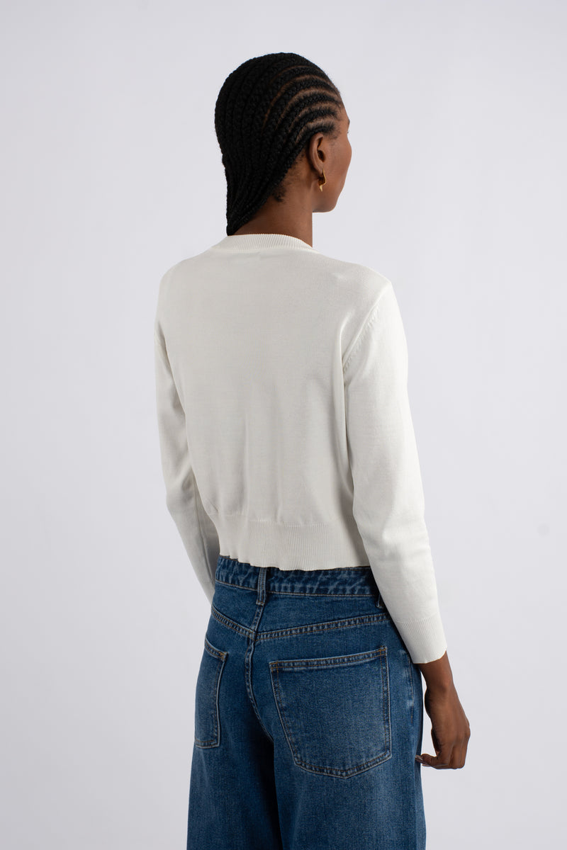 Crew Neck Plain Knit Cardigan - White
