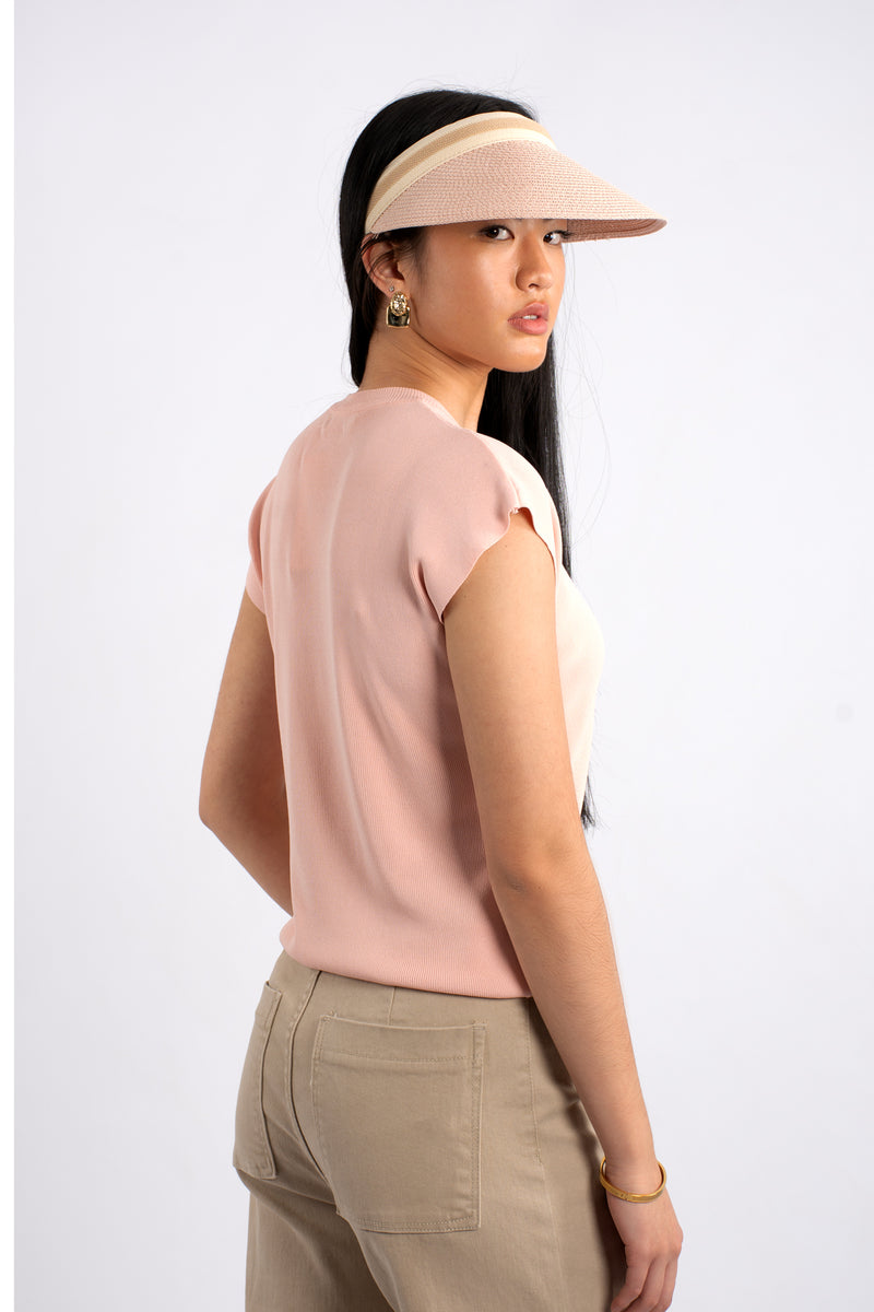 Crew Neck Cap Sleeve  Knit T-Shirt  - Pink