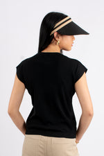 Crew Neck Cap Sleeve Knit T-Shirt  - Black