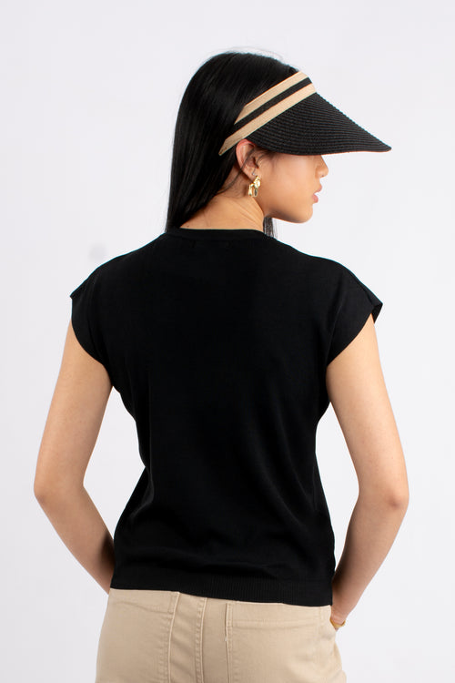 Crew Neck Cap Sleeve Knit T-Shirt  - Black