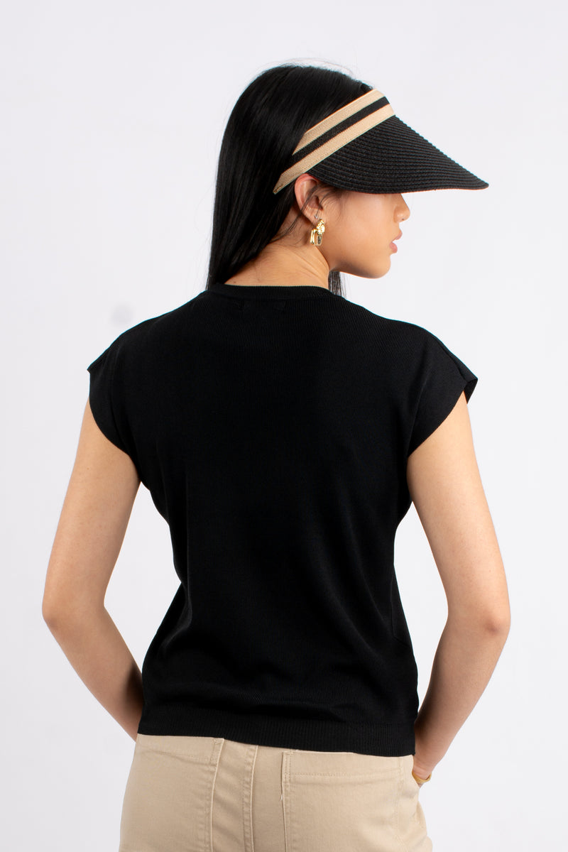 Crew Neck Cap Sleeve Knit T-Shirt  - Black