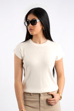 Crew Neck Cap Sleeve  Knit T-Shirt  - Cream