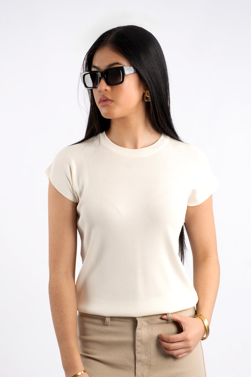 Crew Neck Cap Sleeve  Knit T-Shirt  - Cream