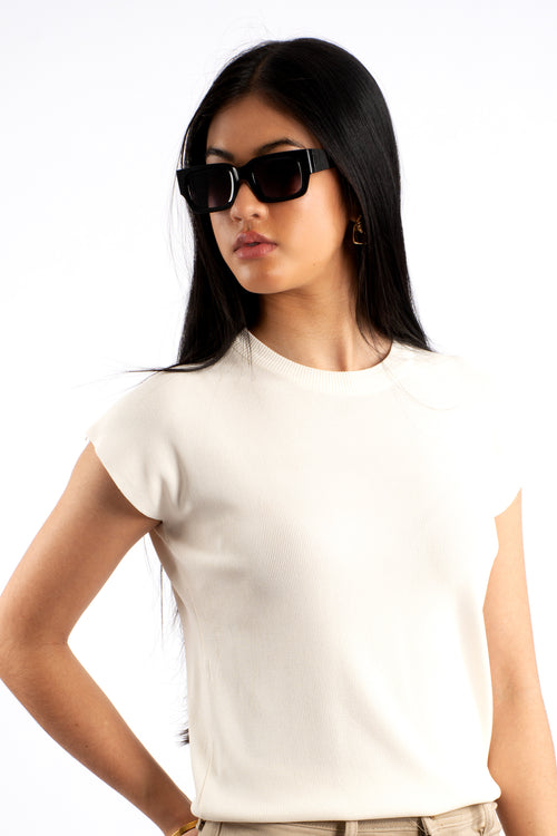 Crew Neck Cap Sleeve  Knit T-Shirt  - Cream