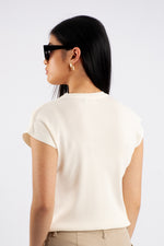 Crew Neck Cap Sleeve  Knit T-Shirt  - Cream