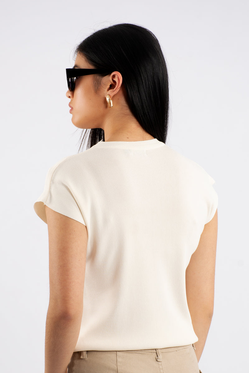 Crew Neck Cap Sleeve  Knit T-Shirt  - Cream