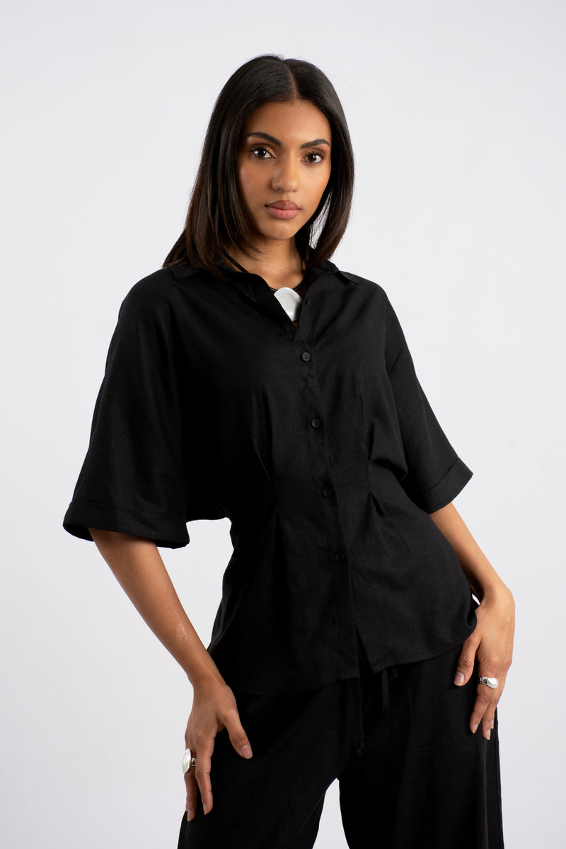 Tucked Raglan Sleeve Tie Back Linen Blouse