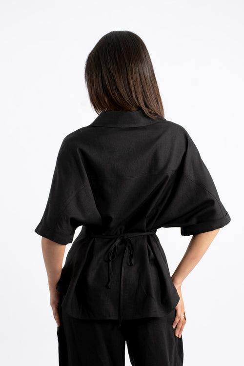 Tucked Raglan Sleeve Tie Back Linen Blouse