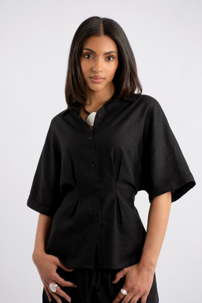 Tucked Raglan Sleeve Tie Back Linen Blouse