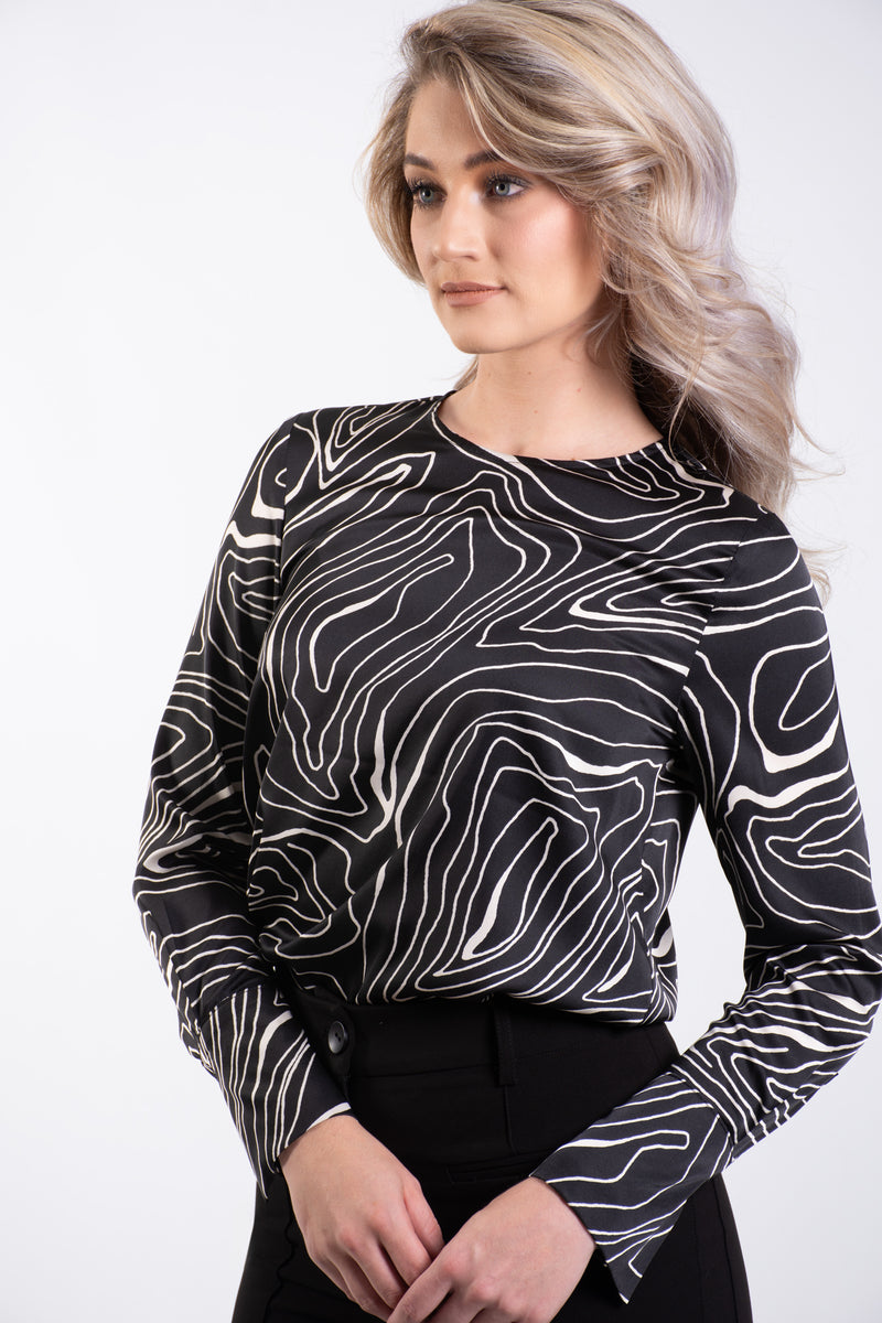 Satin Abstract Printed Crew Neck Blouse