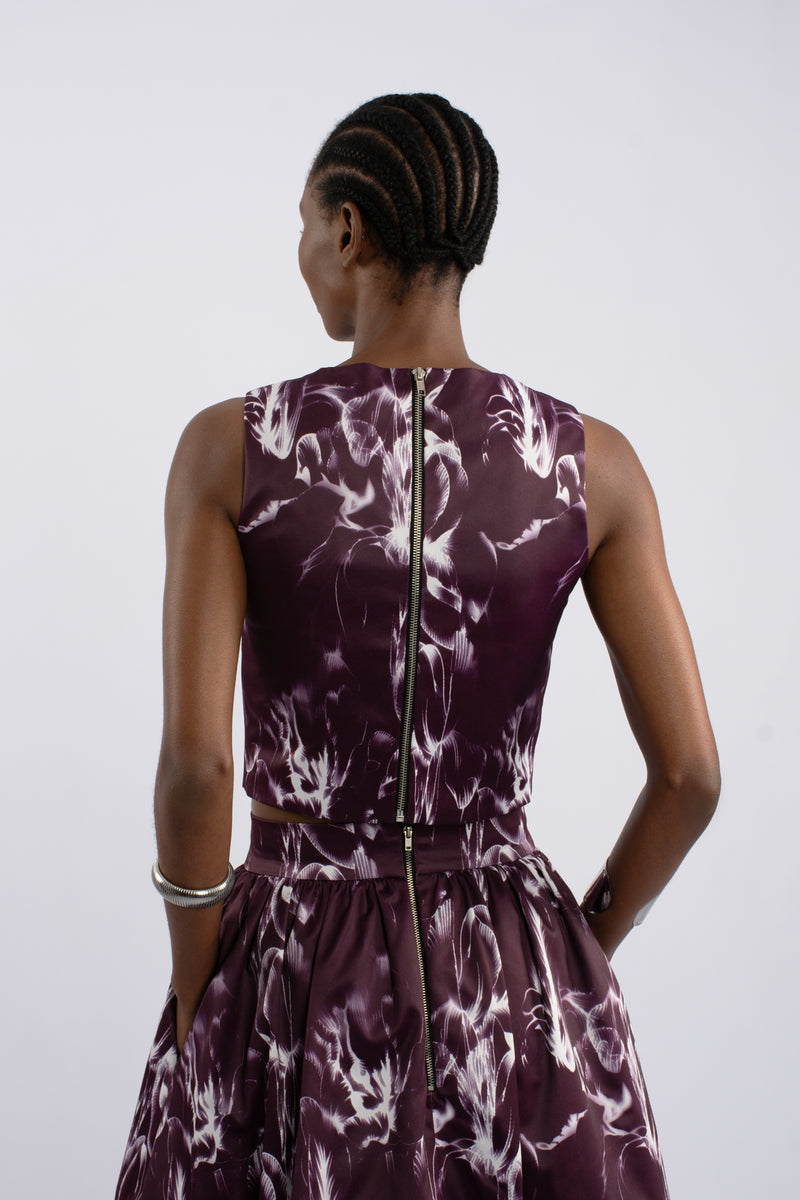 Brushed Lily Print Top - Burgundy