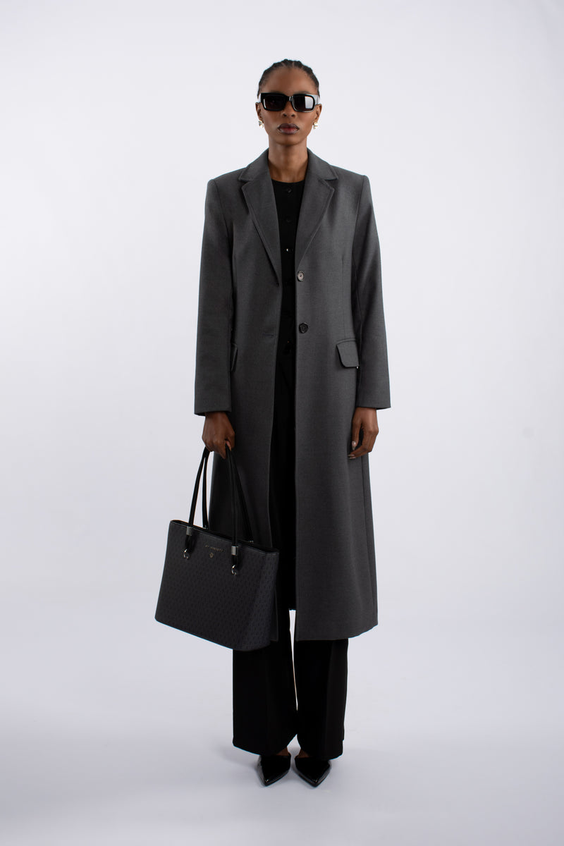 Single Breast Twill Midi Coat - Grey