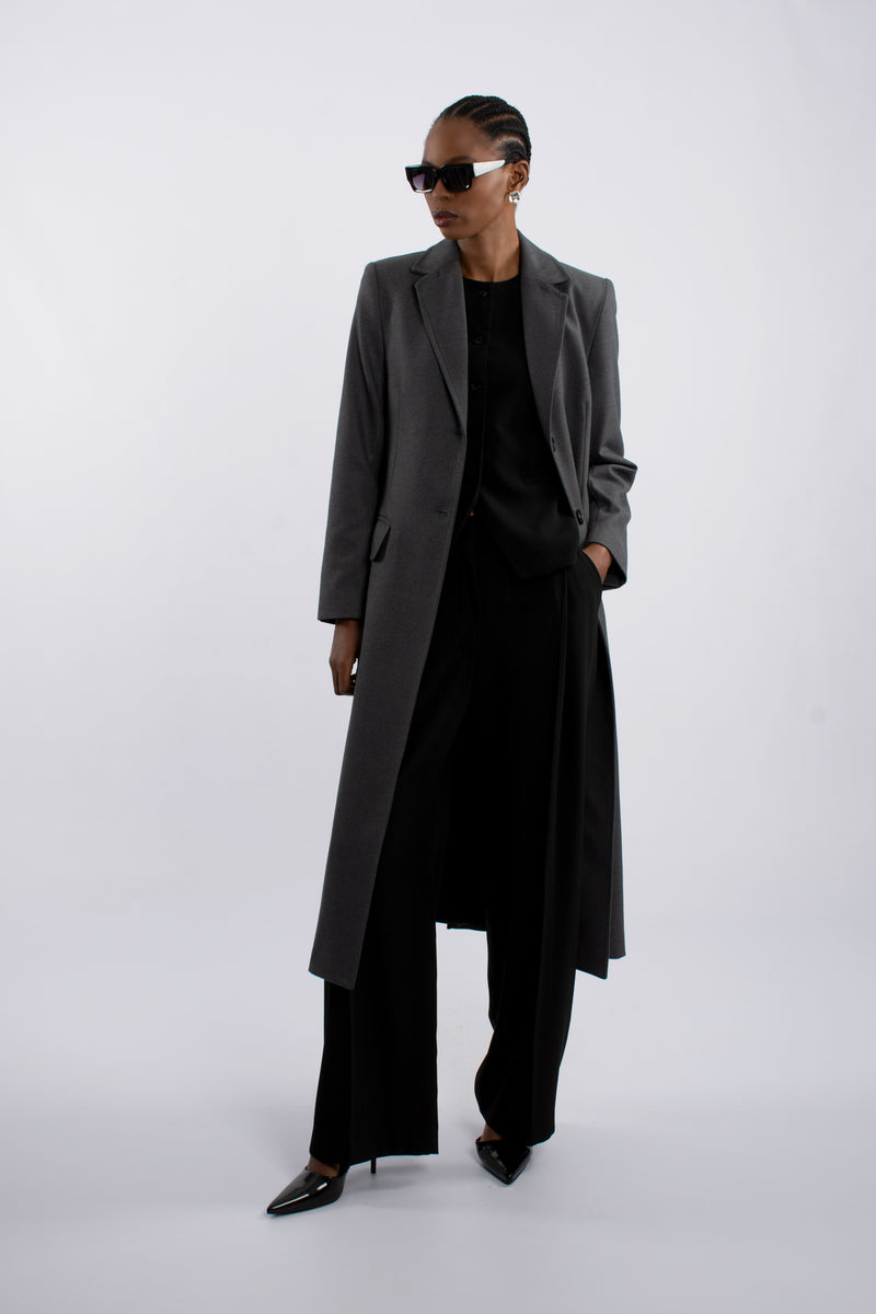 Single Breast Twill Midi Coat - Grey