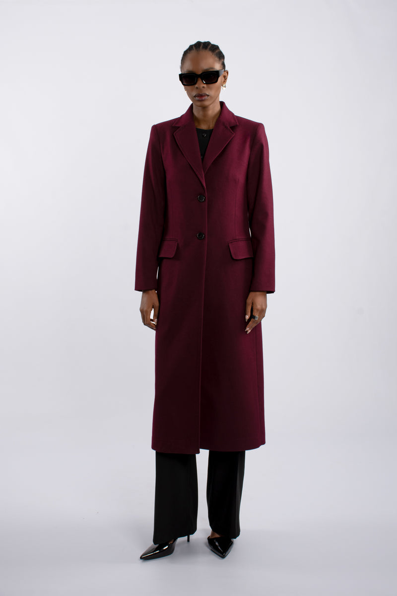 Single Breast Twill Midi Coat - Burgundy