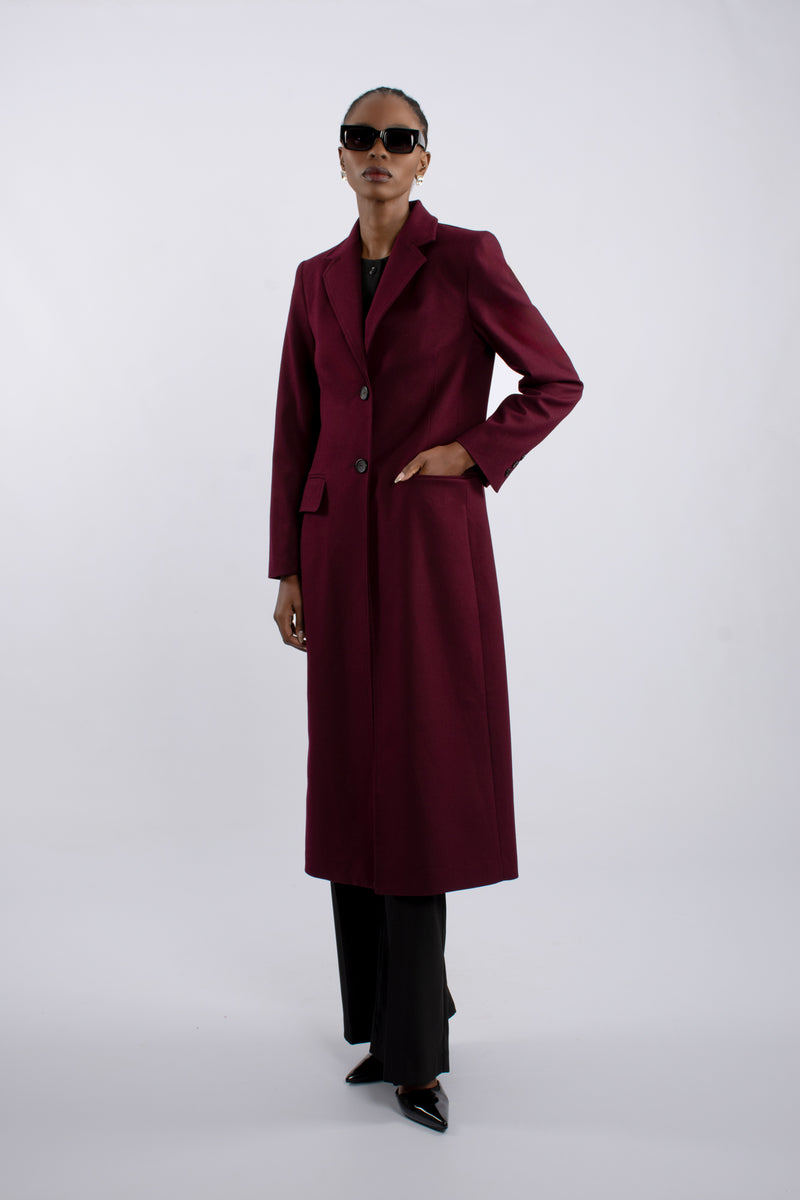 Single Breast Twill Midi Coat - Burgundy