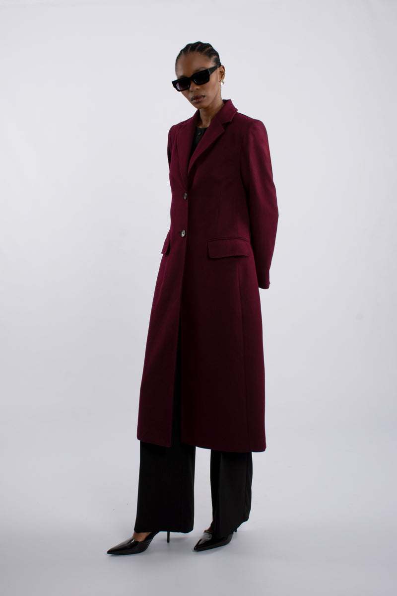 Single Breast Twill Midi Coat - Burgundy