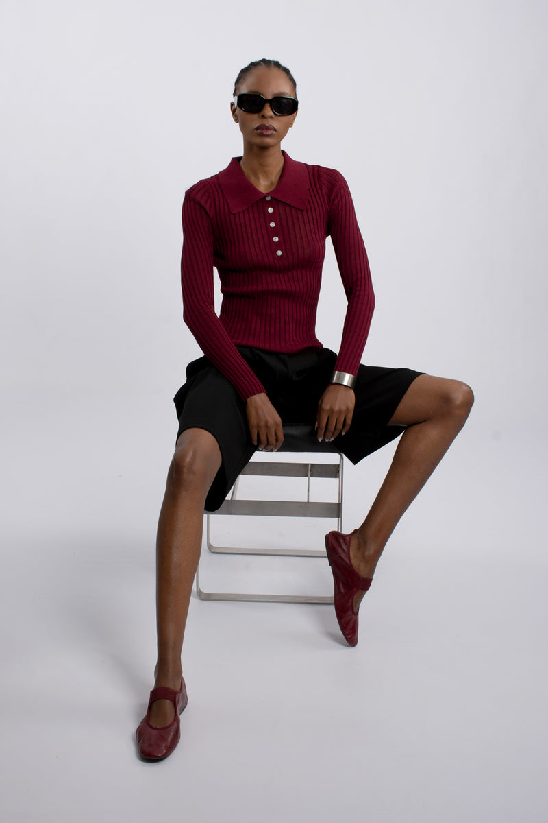 Rib Knit Polo Shirt - Burgundy