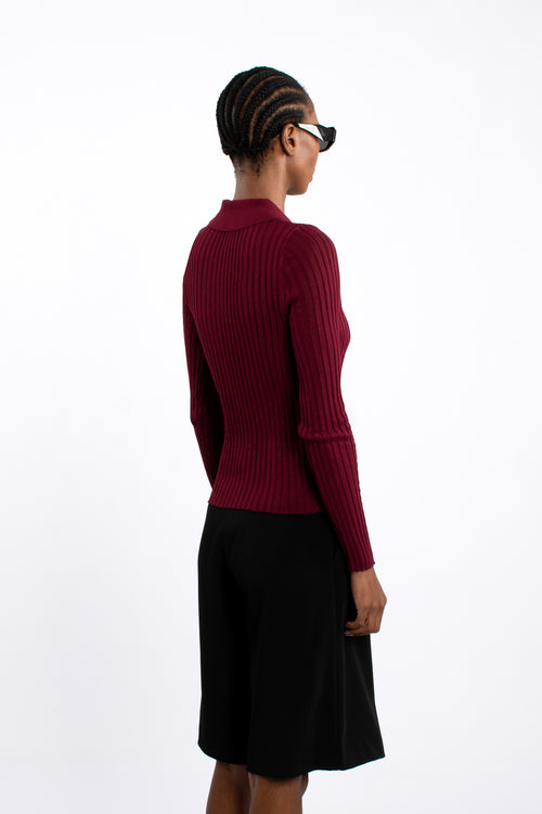 Rib Knit Polo Shirt - Burgundy