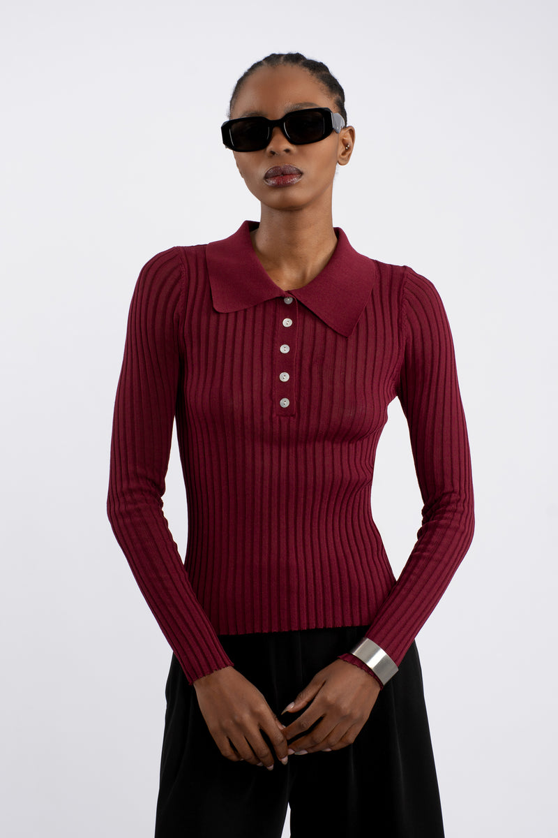 Rib Knit Polo Shirt - Burgundy