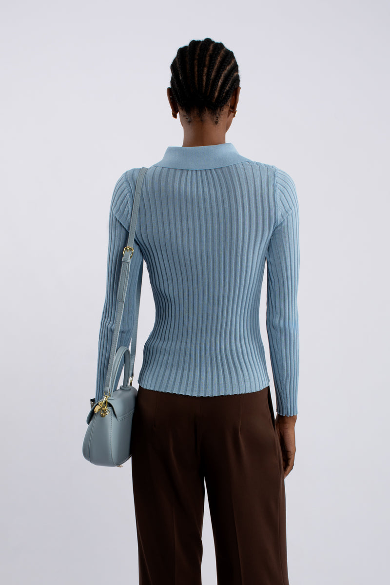 Rib Knit Polo Shirt - Blue