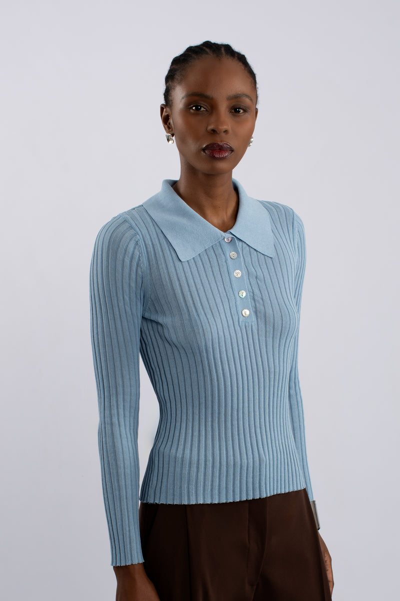Rib Knit Polo Shirt - Blue