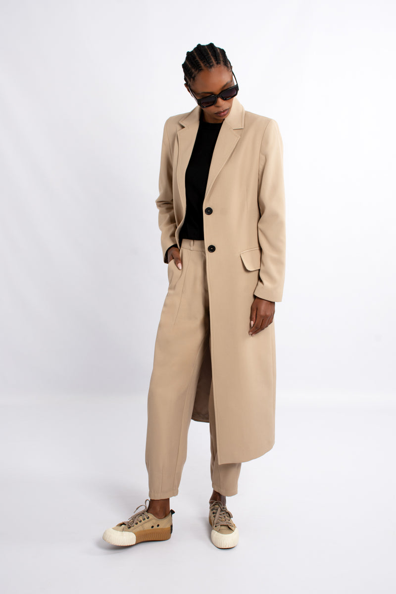 Single Breast Twill Midi Coat - Camel