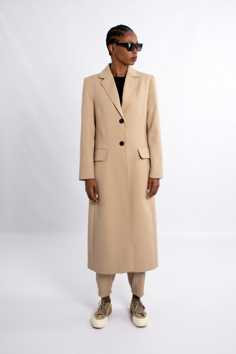 Single Breast Twill Midi Coat - Camel