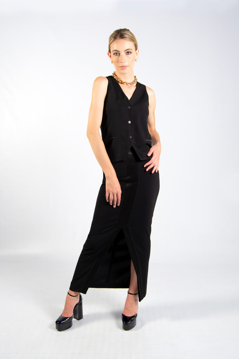 Crepe Satin Trim Maxi Skirt - Black